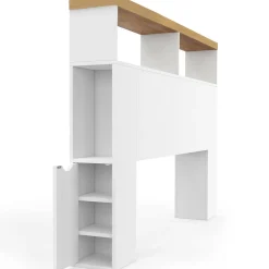 Tête de lit sur pied à LED avec plateau bois 145 cm rangements et niches blanches