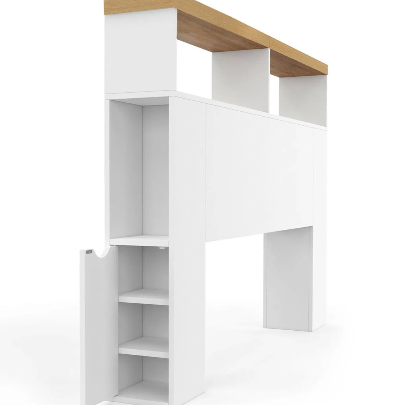 Tête de lit sur pied à LED avec plateau bois 145 cm rangements et niches blanches