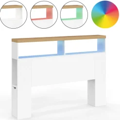Tête de lit sur pied à LED avec plateau bois 145 cm rangements et niches blanches