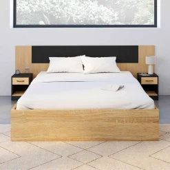 Tête de lit sur pied bois et noir avec chevets modulables