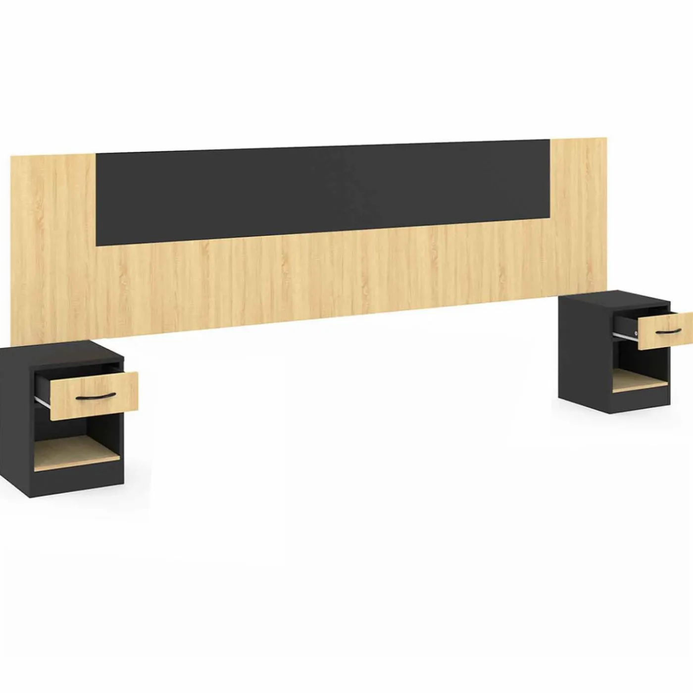 Tête de lit sur pied bois et noir avec chevets modulables