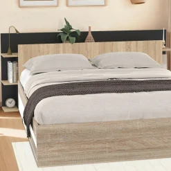 Tête de lit sur pied bois et noir avec rangement pour lit 140-160 cm