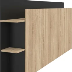 Tête de lit sur pied bois et noir avec rangement pour lit 140-160 cm