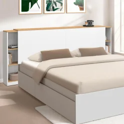 Tête de lit sur pied extensible blanc et façon bois avec chevets