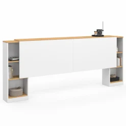 Tête de lit sur pied extensible blanc et façon bois avec chevets