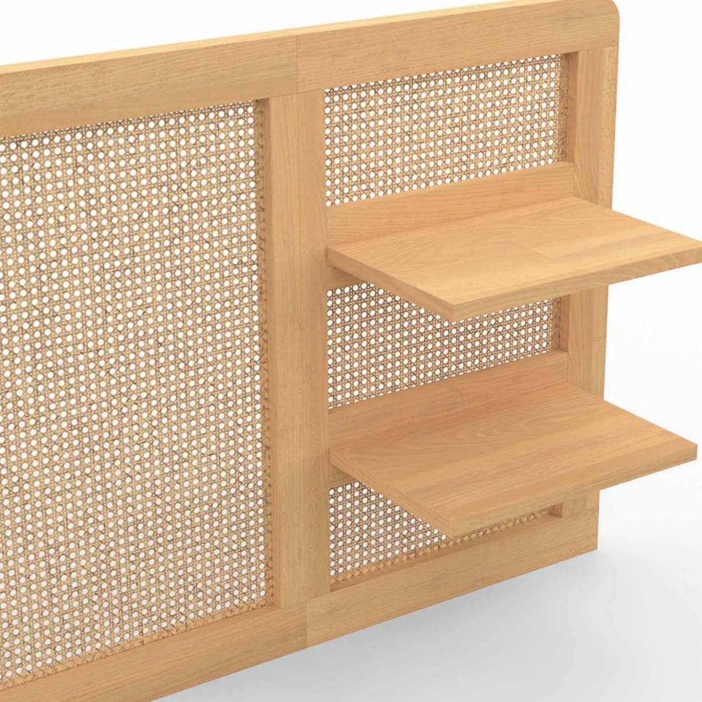 Tête de lit suspendue 240 cm cannage et bois avec étagères
