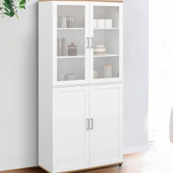 Vaisselier buffet haut 176 cm avec 4 portes et étagères blanc et bois