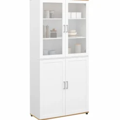 Vaisselier buffet haut 176 cm avec 4 portes et étagères blanc et bois