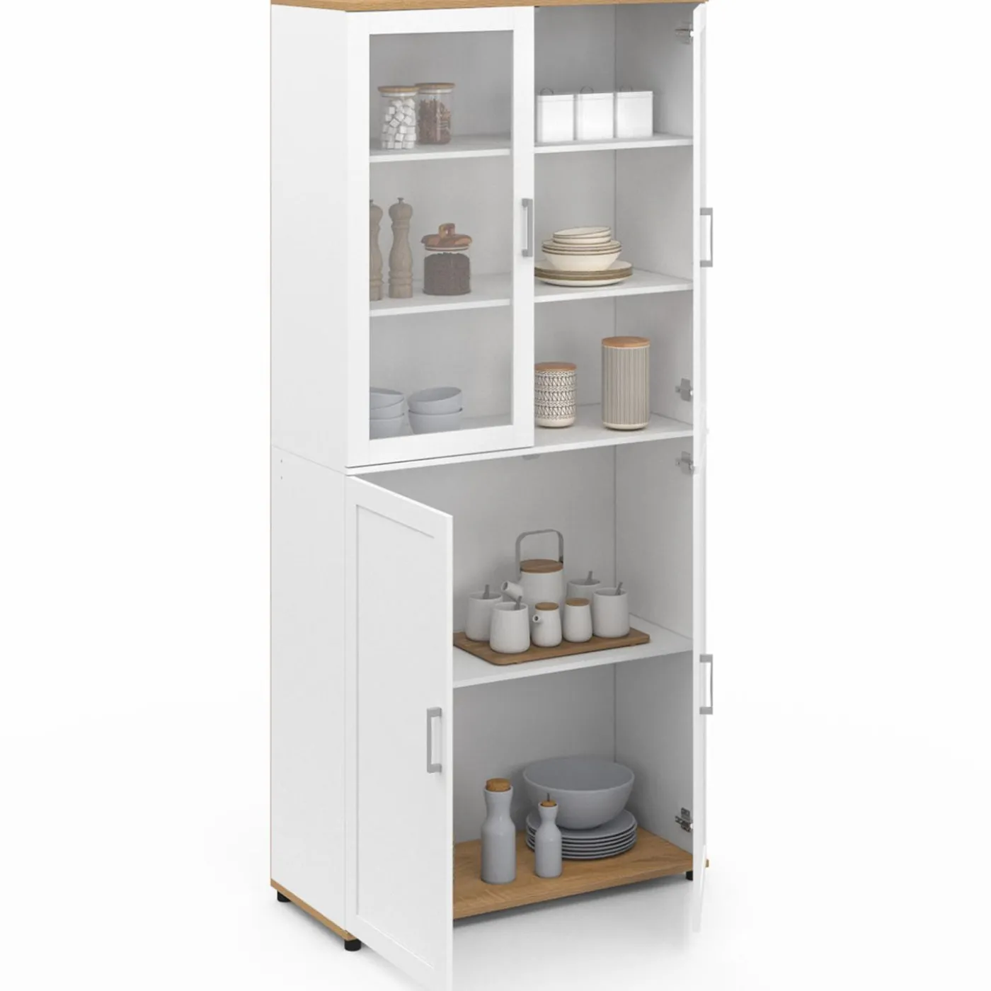 Vaisselier buffet haut 176 cm avec 4 portes et étagères blanc et bois