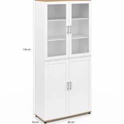Vaisselier buffet haut 176 cm avec 4 portes et étagères blanc et bois