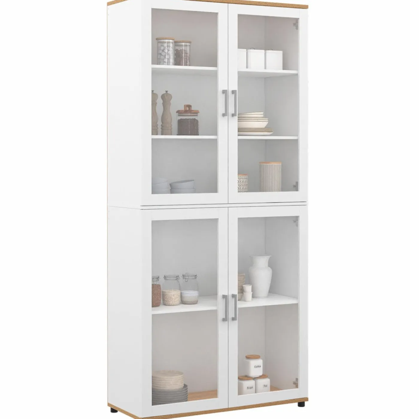Vaisselier buffet haut 176 cm avec 4 portes vitrées blanc et bois