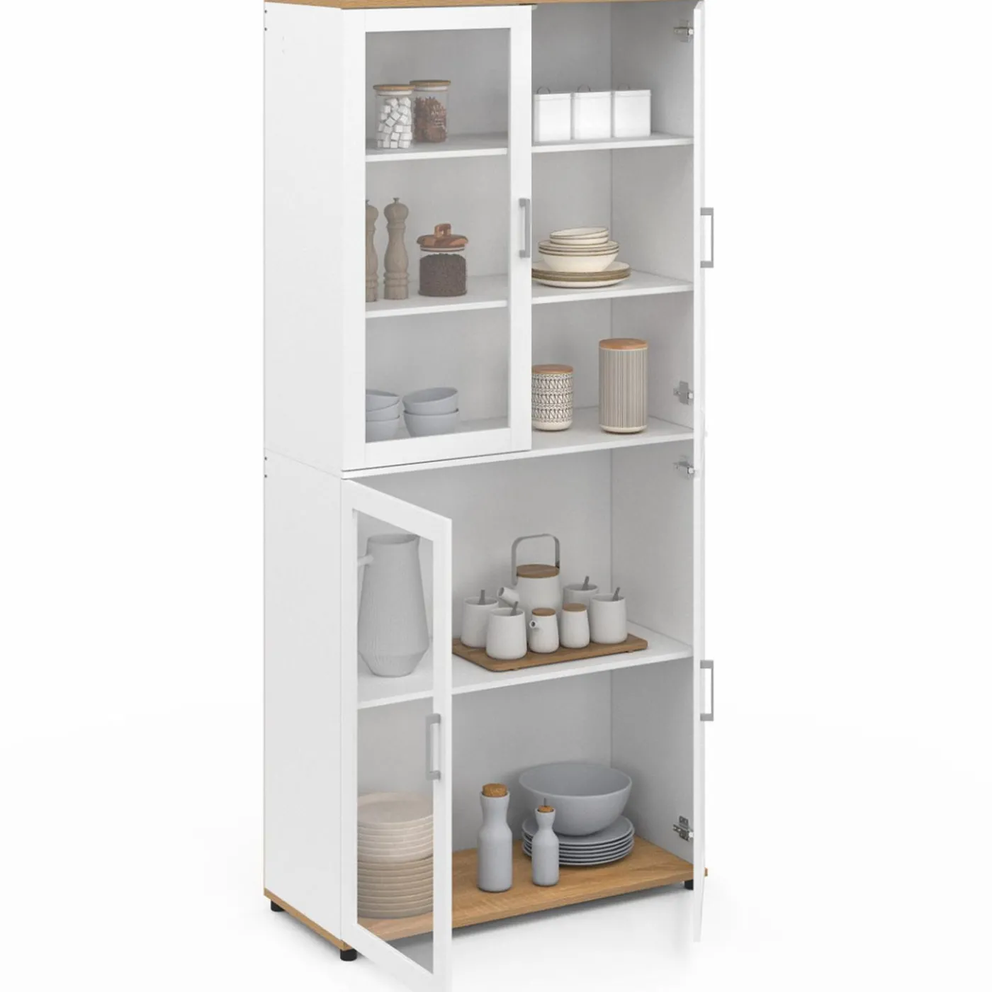 Vaisselier buffet haut 176 cm avec 4 portes vitrées blanc et bois