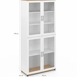 Vaisselier buffet haut 176 cm avec 4 portes vitrées blanc et bois