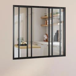 Verrière atelier coulissante 4 vitrages 120 x 108 cm en métal noir et verre trempé