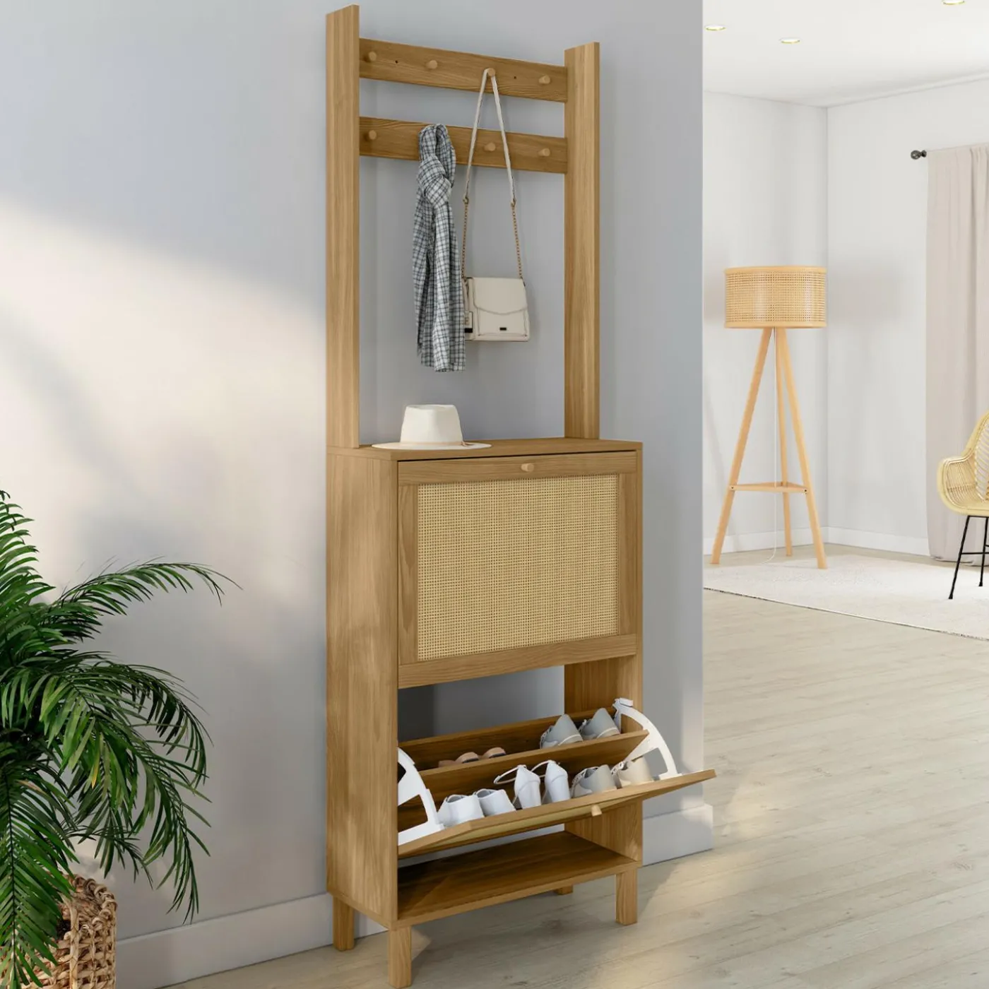 Vestiaire d'entrée 2 portes bois effet naturel cannage meuble chaussures 12 paires