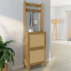 Vestiaire d'entrée 2 portes bois effet naturel cannage meuble chaussures 12 paires