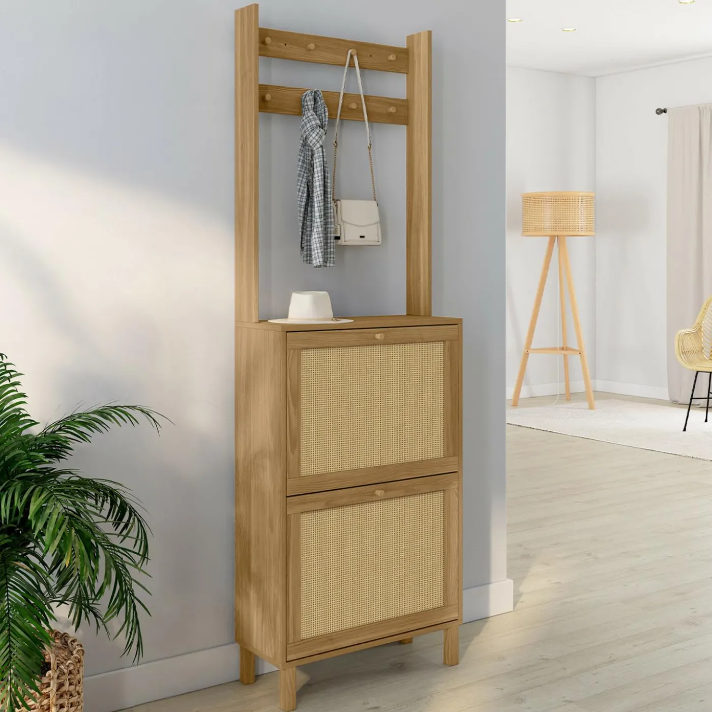 Vestiaire d'entrée 2 portes bois effet naturel cannage meuble chaussures 12 paires