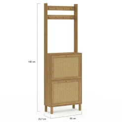 Vestiaire d'entrée 2 portes bois effet naturel cannage meuble chaussures 12 paires
