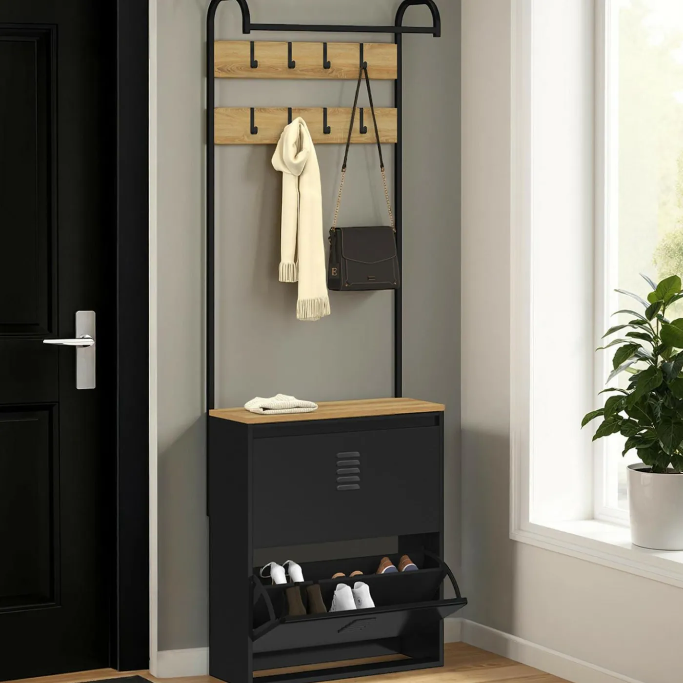 Vestiaire d'entrée avec meuble chaussures 2 portes en métal noir