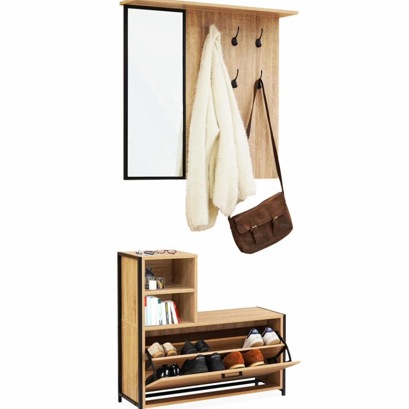Vestiaire d’entrée avec miroir et range-chaussures style industriel