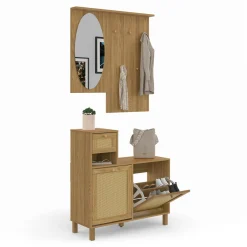 Vestiaire d'entrée avec miroir, placard à chaussure et rangements en bois effet naturel cannage