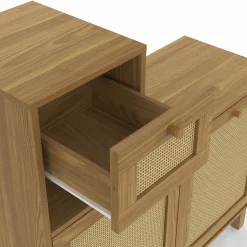 Vestiaire d'entrée avec miroir, placard à chaussure et rangements en bois effet naturel cannage