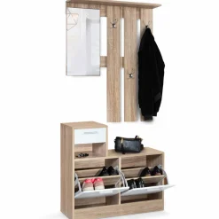 Vestiaire d’entrée avec miroir, porte-manteaux et range-chaussures en lot