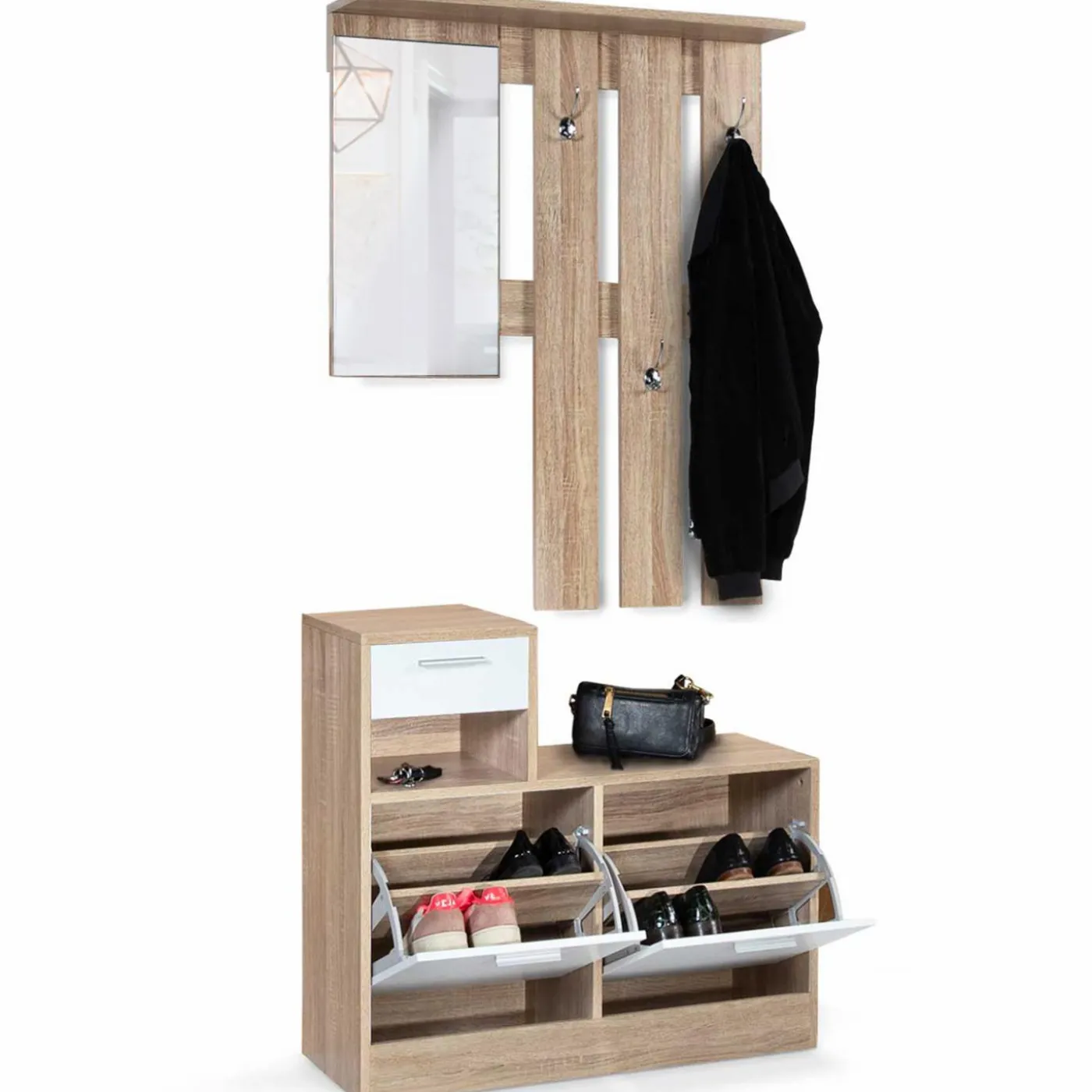 Vestiaire d’entrée avec miroir, porte-manteaux et range-chaussures en lot
