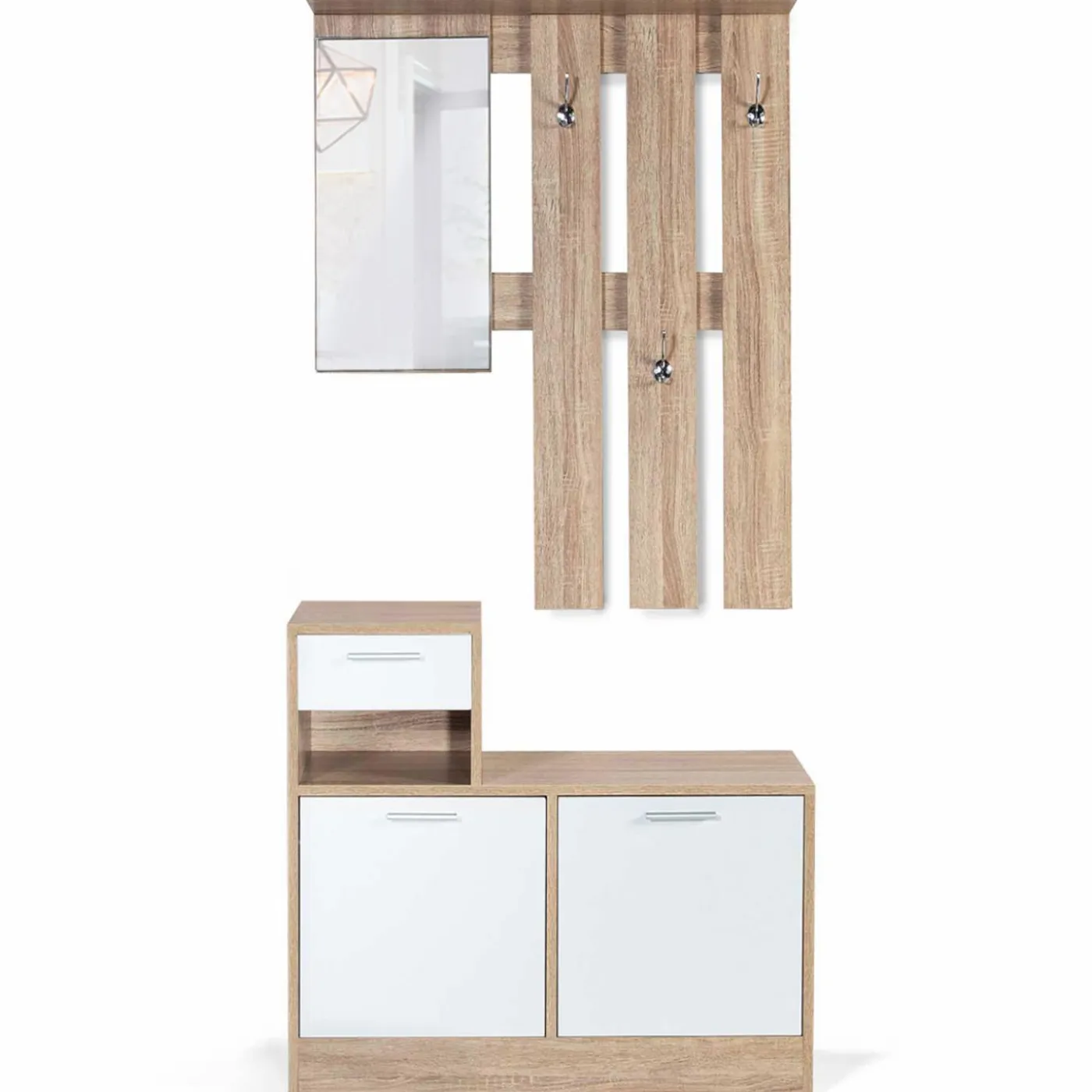 Vestiaire d’entrée avec miroir, porte-manteaux et range-chaussures en lot
