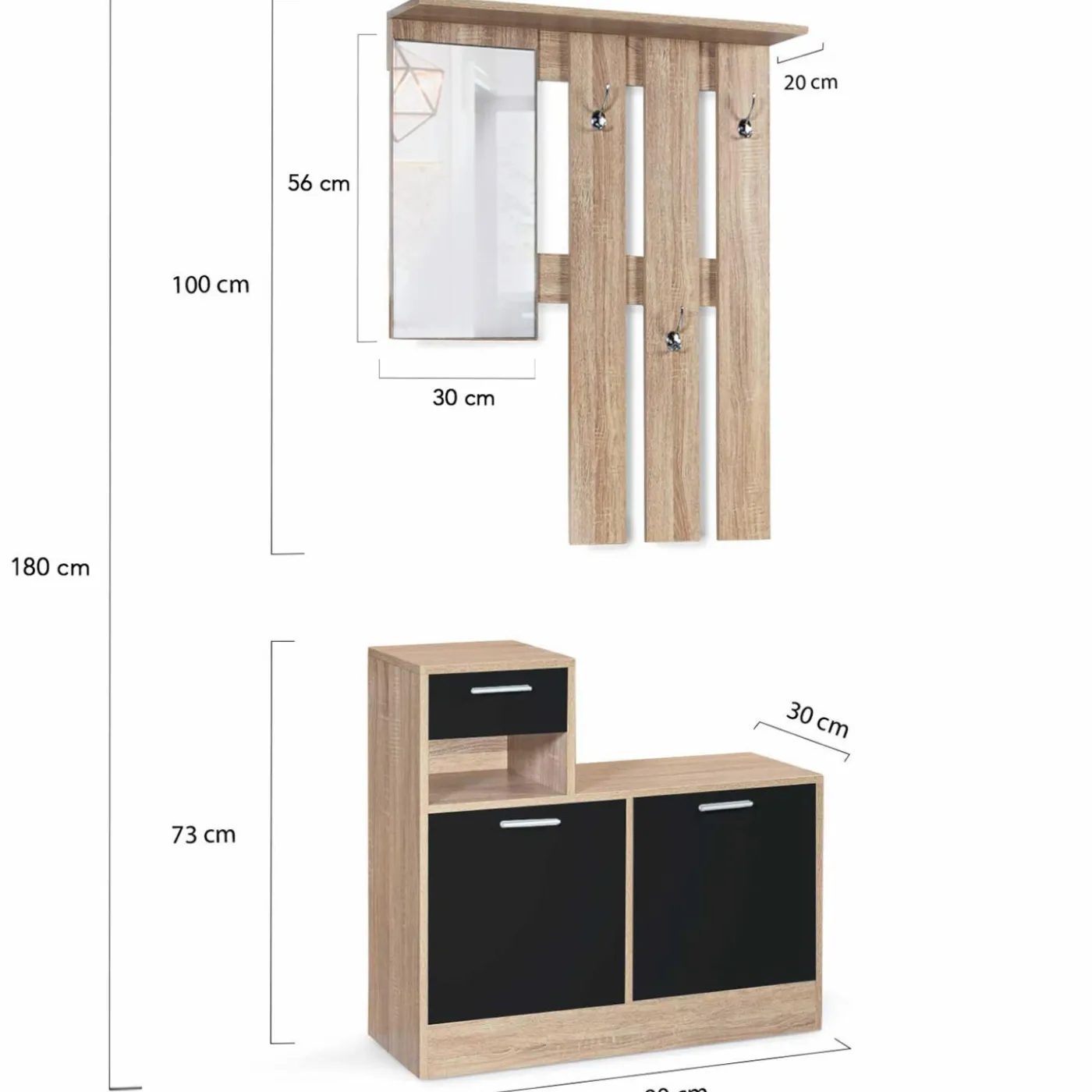 Vestiaire d'entrée avec miroir, porte-manteaux et range-chaussures