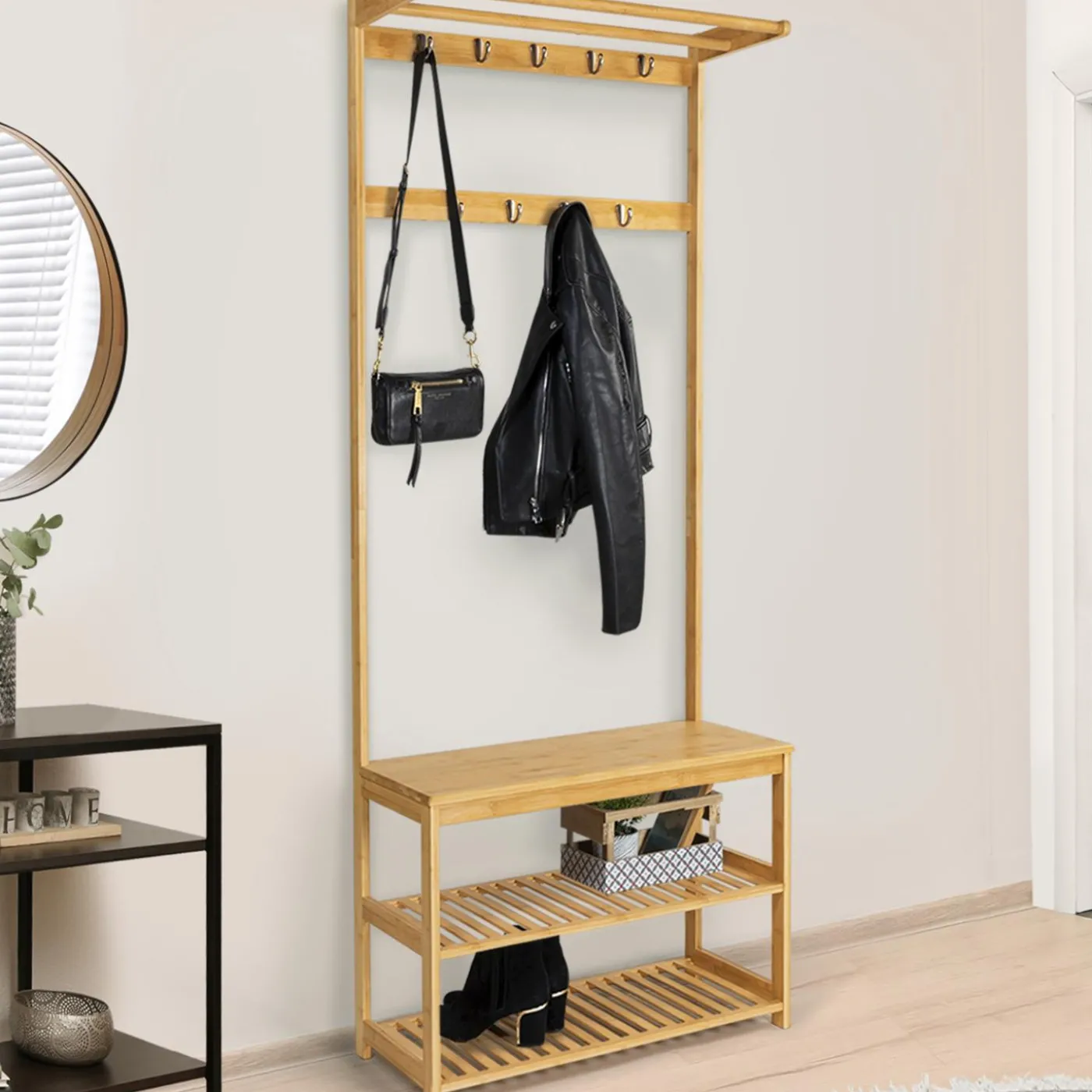 Vestiaire d’entrée en bambou avec portant à vêtements et chaussures