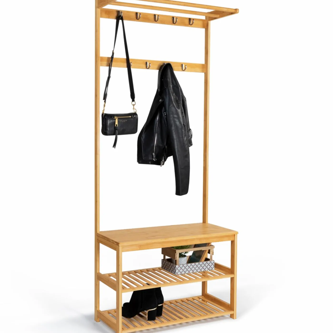 Vestiaire d’entrée en bambou avec portant à vêtements et chaussures