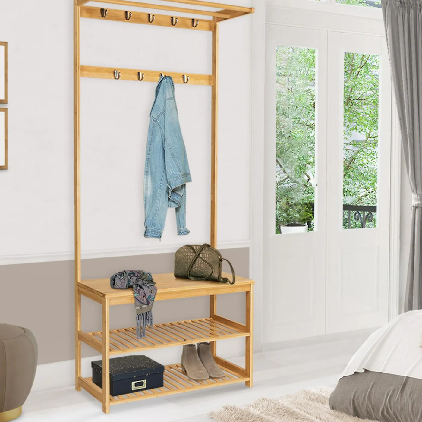 Vestiaire d’entrée en bambou avec portant à vêtements et chaussures