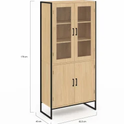 Vitrine buffet haut industriel 176 cm avec portes et étagères